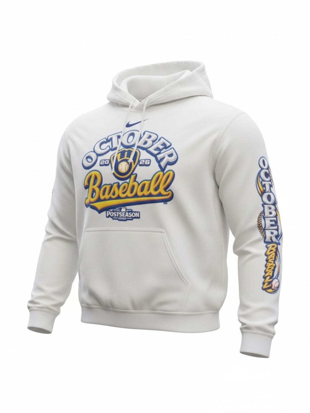Brewers Gildan White Hoodie with Yellow and Blue 'October Baseball' Graphics